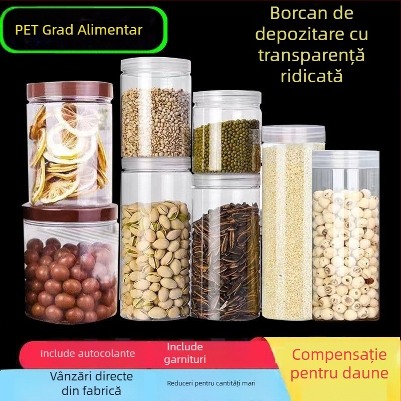 Borcan PET transparent cu capac etanș, container plastic pentru depozitare cereale, fructe uscate și ceai