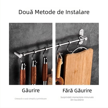 Raft de bucătărie din oțel inoxidabil, montat pe perete, cu cârlige pentru spatule și linguri