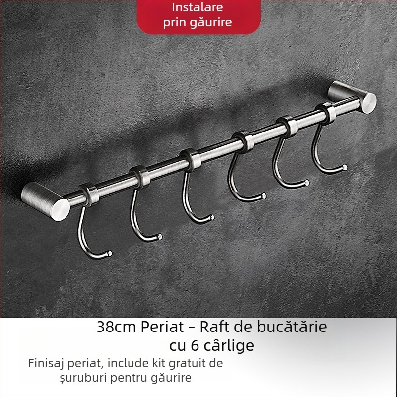 Raft de bucătărie din oțel inoxidabil, montat pe perete, cu cârlige pentru spatule și linguri