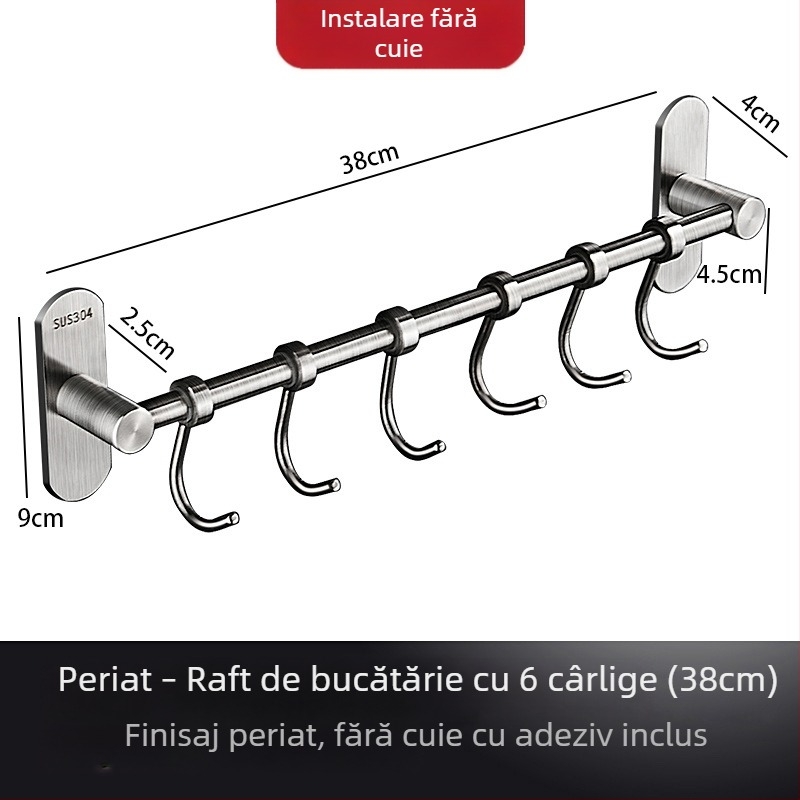 Raft de bucătărie din oțel inoxidabil, montat pe perete, cu cârlige pentru spatule și linguri