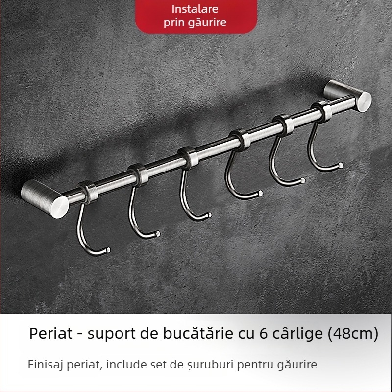 Raft de bucătărie din oțel inoxidabil, montat pe perete, cu cârlige pentru spatule și linguri
