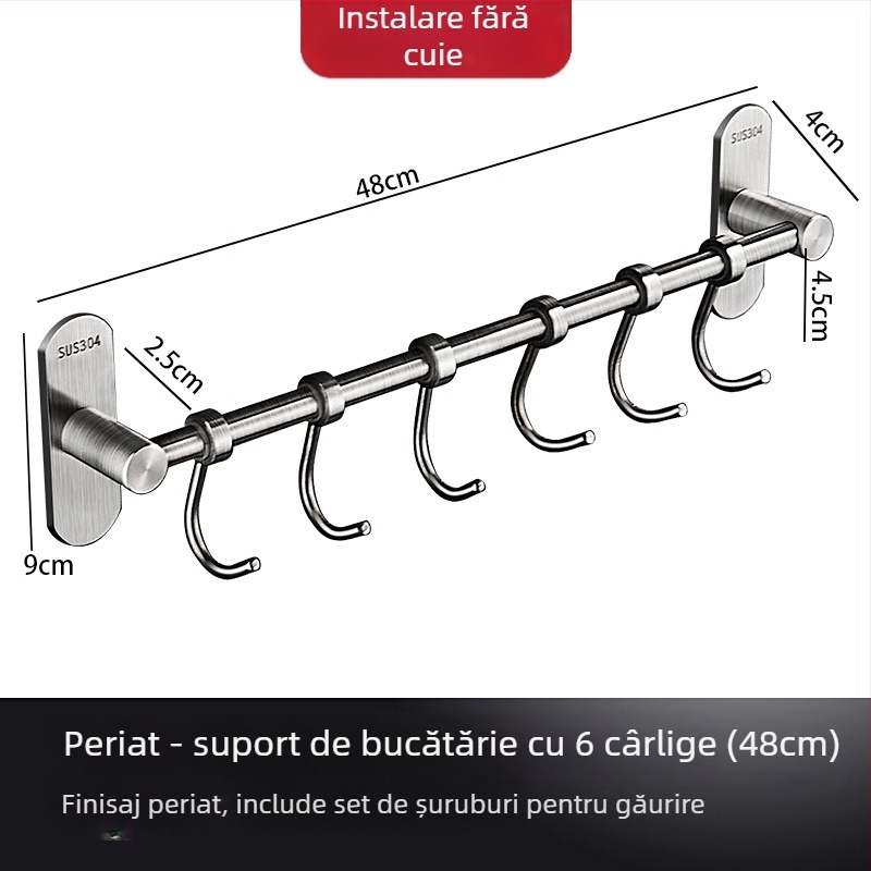 Raft de bucătărie din oțel inoxidabil, montat pe perete, cu cârlige pentru spatule și linguri