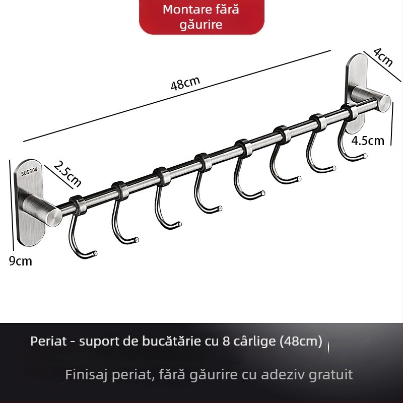 Raft de bucătărie din oțel inoxidabil, montat pe perete, cu cârlige pentru spatule și linguri