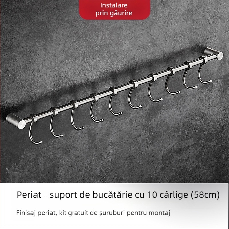 Raft de bucătărie din oțel inoxidabil, montat pe perete, cu cârlige pentru spatule și linguri