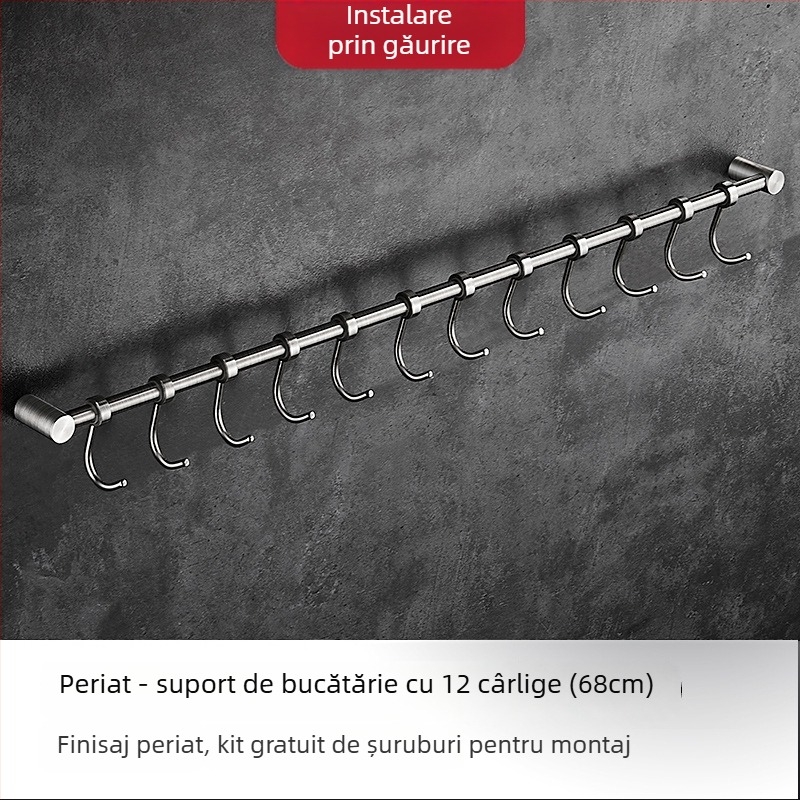 Raft de bucătărie din oțel inoxidabil, montat pe perete, cu cârlige pentru spatule și linguri
