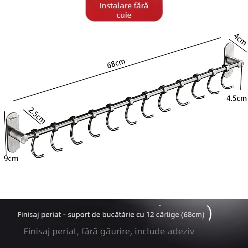 Raft de bucătărie din oțel inoxidabil, montat pe perete, cu cârlige pentru spatule și linguri