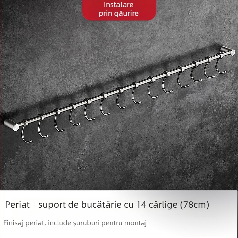 Raft de bucătărie din oțel inoxidabil, montat pe perete, cu cârlige pentru spatule și linguri