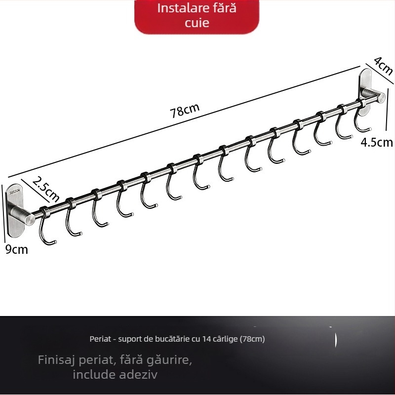 Raft de bucătărie din oțel inoxidabil, montat pe perete, cu cârlige pentru spatule și linguri