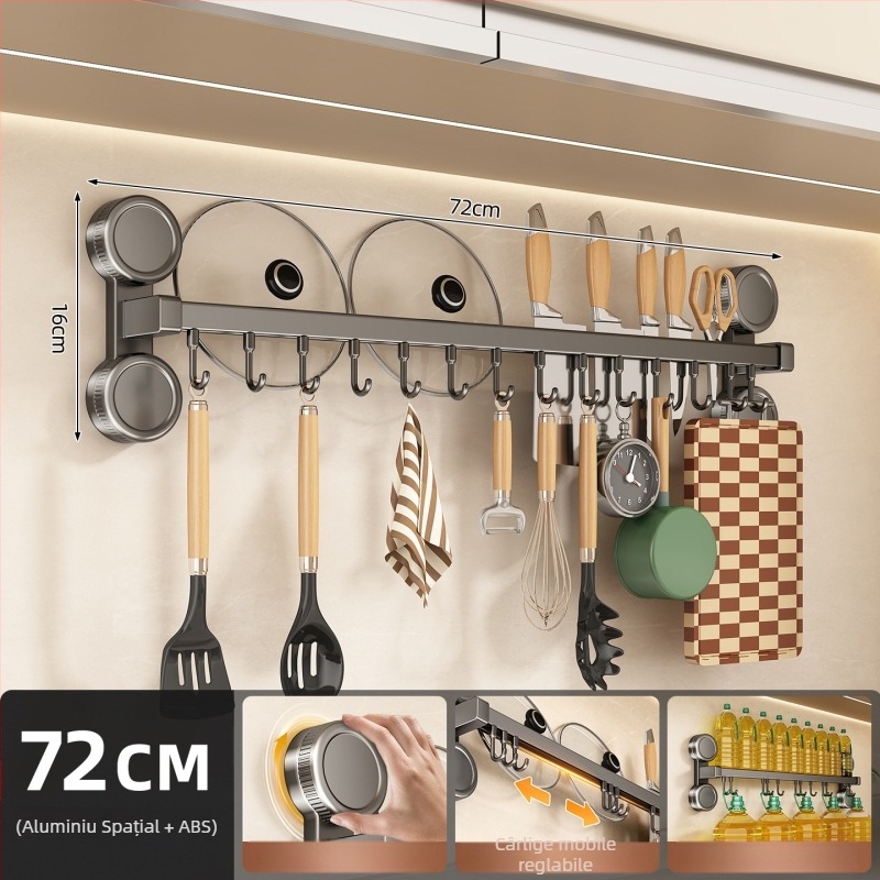 Organizator de bucătărie cu ventuze, suport pentru cuțite, raft pentru spatule și linguri, montare pe perete, fără găuri