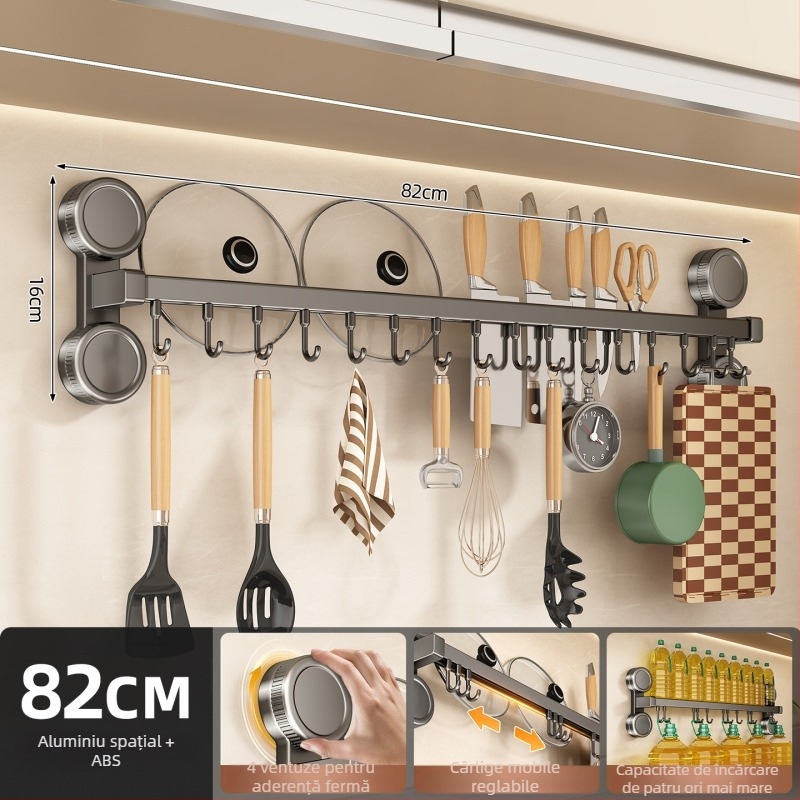 Organizator de bucătărie cu ventuze, suport pentru cuțite, raft pentru spatule și linguri, montare pe perete, fără găuri
