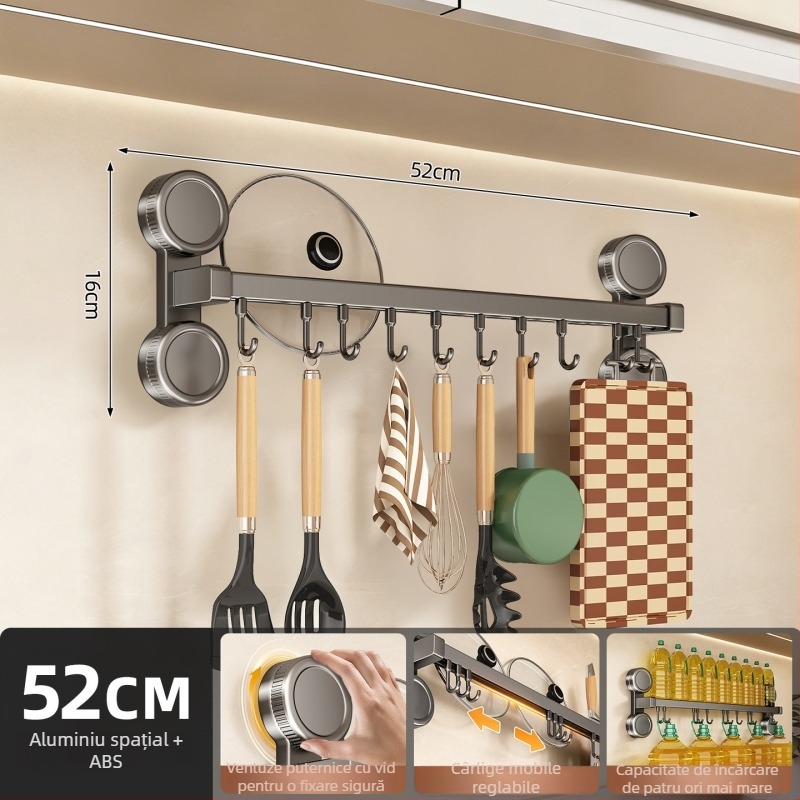 Organizator de bucătărie cu ventuze, suport pentru cuțite, raft pentru spatule și linguri, montare pe perete, fără găuri
