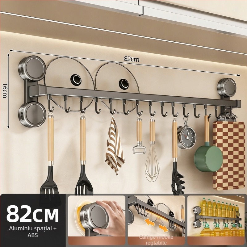 Organizator de bucătărie cu ventuze, suport pentru cuțite, raft pentru spatule și linguri, montare pe perete, fără găuri