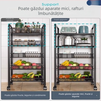 Carucior de bucătărie pe podea, cu mai multe rafturi pentru condimente, legume și vase
