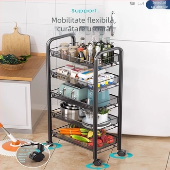 Carucior de bucătărie pe podea, cu mai multe rafturi pentru condimente, legume și vase