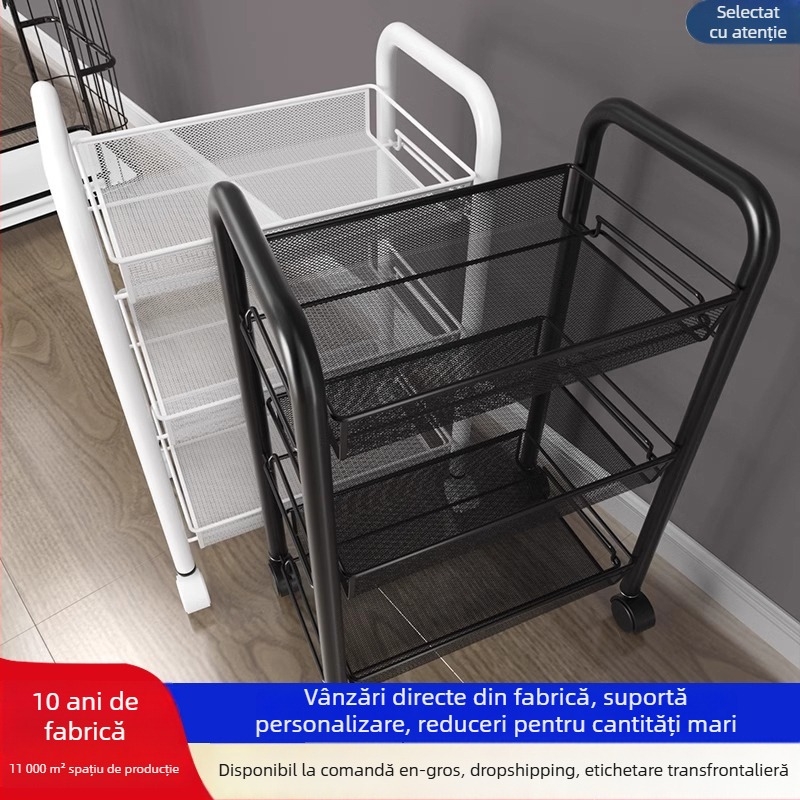 Carucior de bucătărie pe podea, cu mai multe rafturi pentru condimente, legume și vase