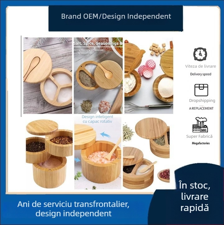 Recipient rotund din bambus pentru sare și condimente