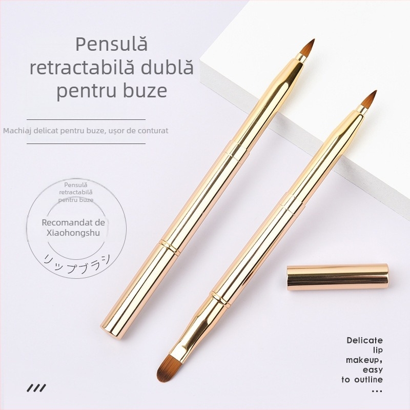 Pensulă retractabilă pentru buze, dublă, stilou cosmetic portabil, cu mâner metalic, pentru profesioniști