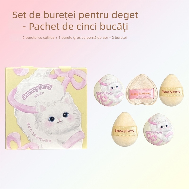 Sensory Party Meow Dream Diary – Set de 5 pufuri pudră, bureți catifelați pentru blush