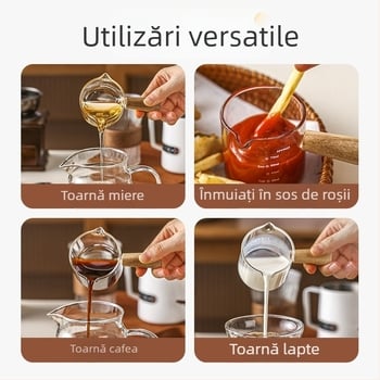 Cana de lapte din sticlă pentru espresso, cu scară de măsurare și mâner din lemn, capacitate 100 ml, design minimalist