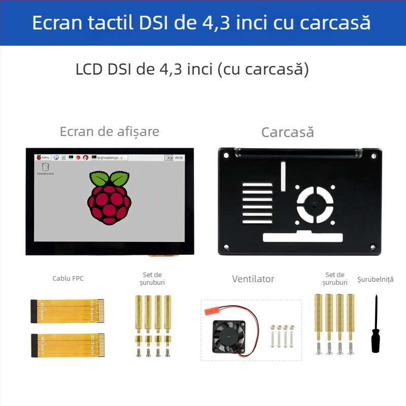 Ecran Raspberry Pi de 4,3 inch cu touchscreen capacitiv, interfață MIPI DSI, panou IPS, carcasă imprimată 3D