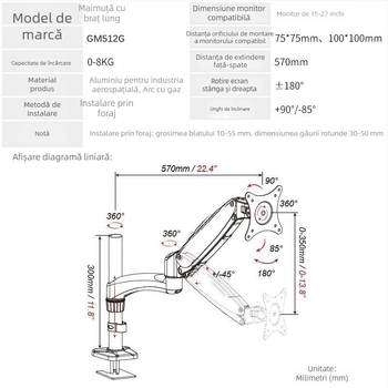 Gibbon suport pentru monitor de 15–27 inchi, cu braț de ridicare și găuri de blocare pe coloană
