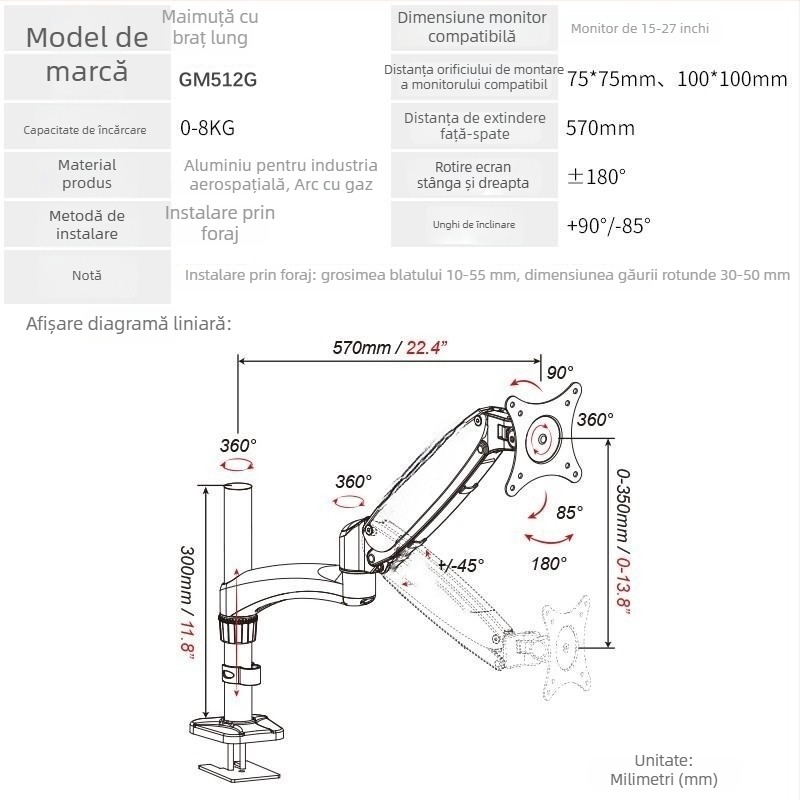 Gibbon suport pentru monitor de 15–27 inchi, cu braț de ridicare și găuri de blocare pe coloană