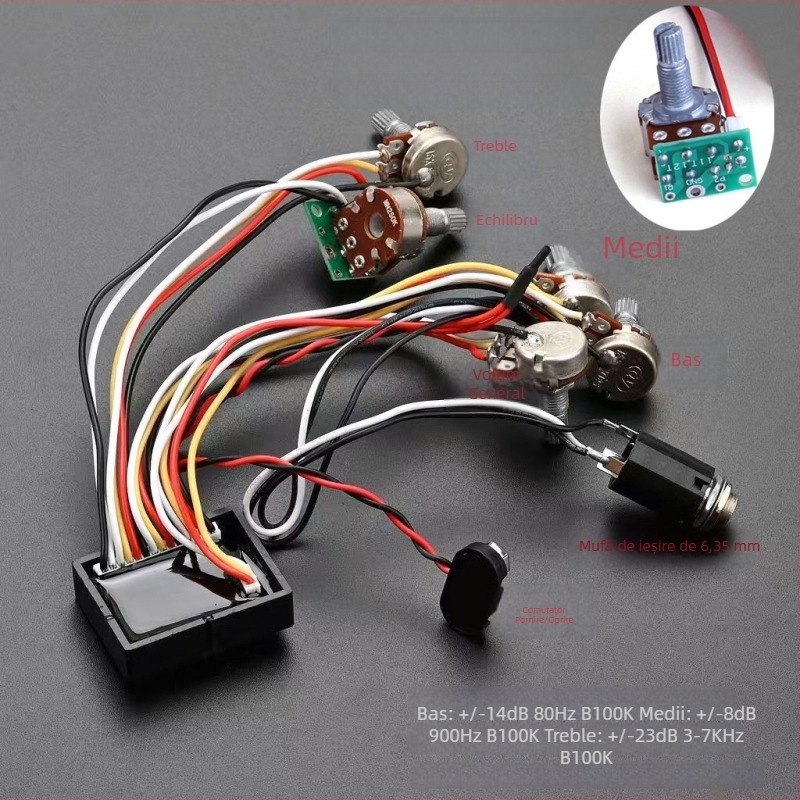 Circuit activ de pickup pentru chitară electrică și bas, cu preamplificator pe 3 benzi