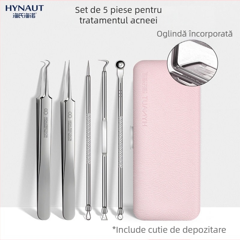 Hainuo Set de 5 ace pentru acnee cu oglindă încorporată, oțel inoxidabil, pentru uz casnic