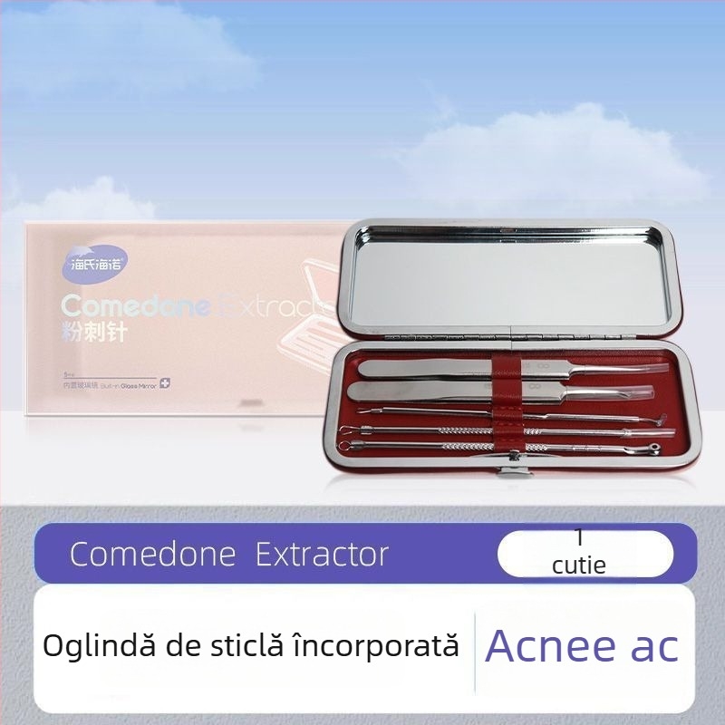 Hainuo Set de 5 ace pentru acnee cu oglindă încorporată, oțel inoxidabil, pentru uz casnic