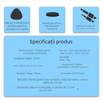 Pedal silențios pentru orgă electronică/tastatură, pedală MIDI cu interfață de 3,5 mm și jack de 6,5 mm