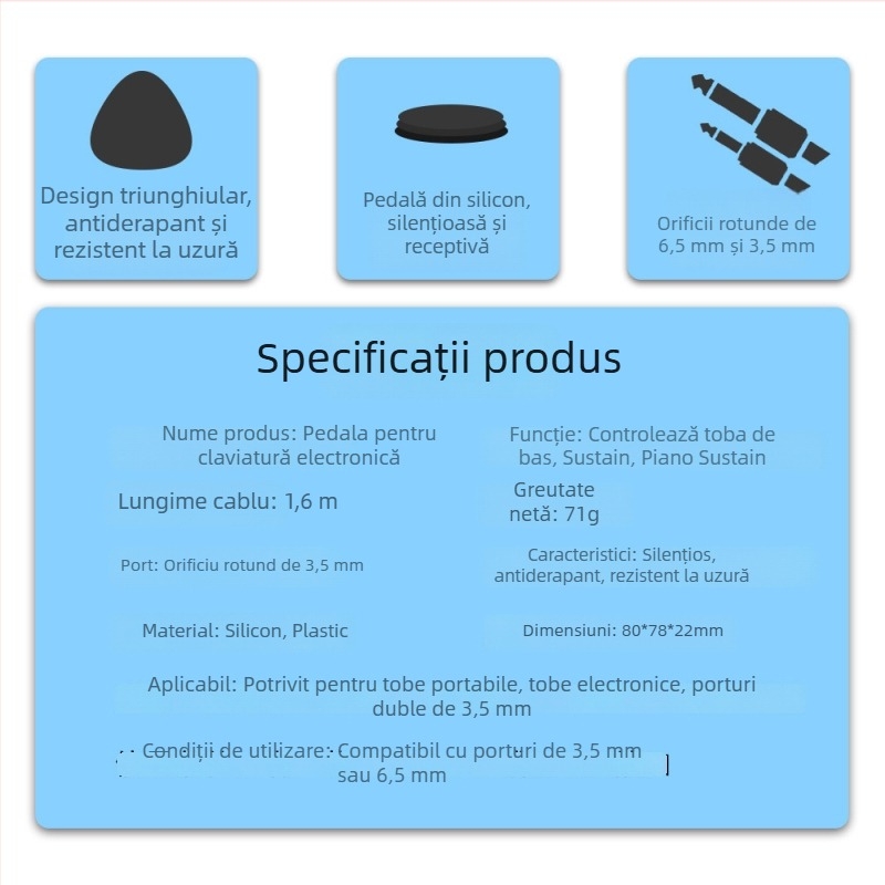 Pedal silențios pentru orgă electronică/tastatură, pedală MIDI cu interfață de 3,5 mm și jack de 6,5 mm