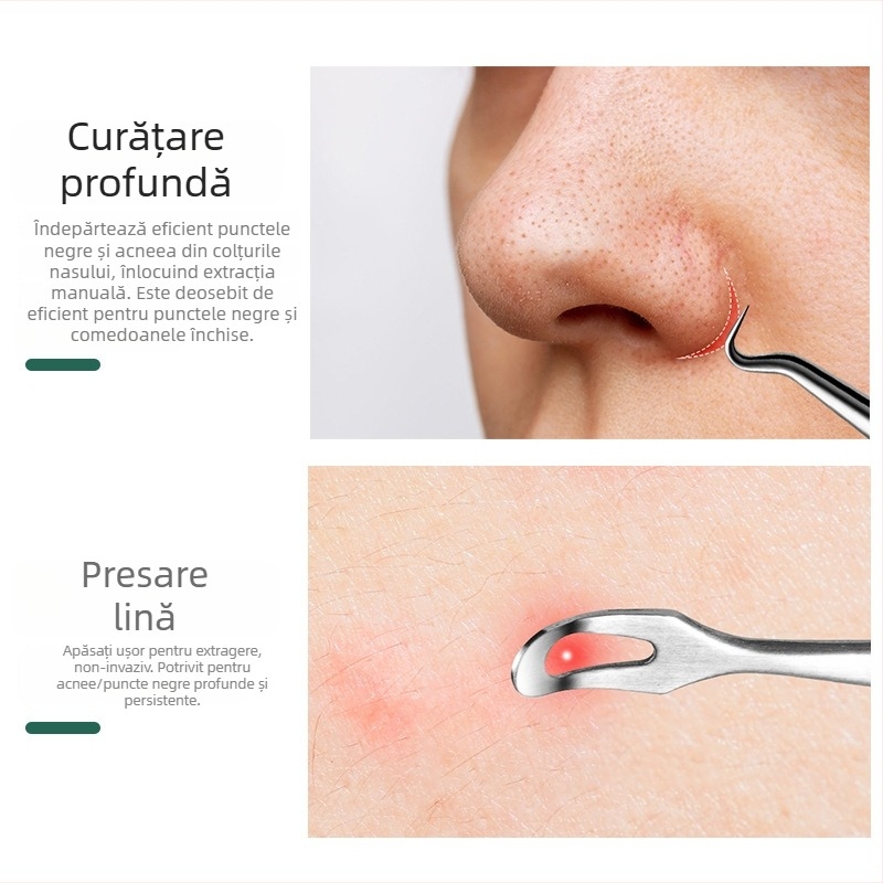 Crown instrument de față cu capete duble din oțel inoxidabil – extractor pentru comedoane, pensetă, ac pentru acnee