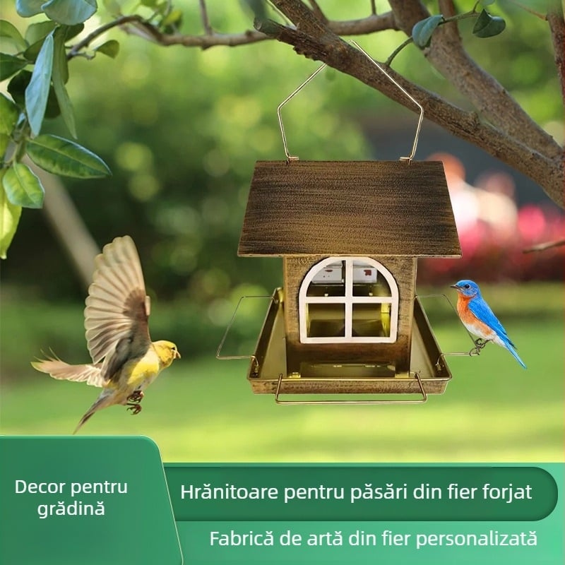 Hranitoare pentru păsări din metal, atârnată, pentru grădină în aer liber — decor din fier