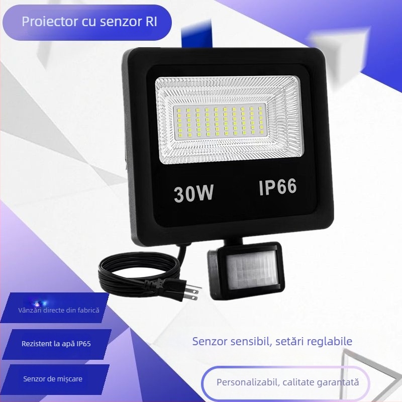 Proiector LED cu senzor de mișcare — ultra-subțire, economisire de energie, iluminare infraroșu pentru garaj, interior și exterior, IP66