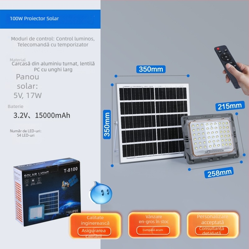 Proiector LED solar pentru exterior, iluminare pe trei fețe, lampă de înaltă putere, iluminat stradal rural, IP65 rezistent la apă