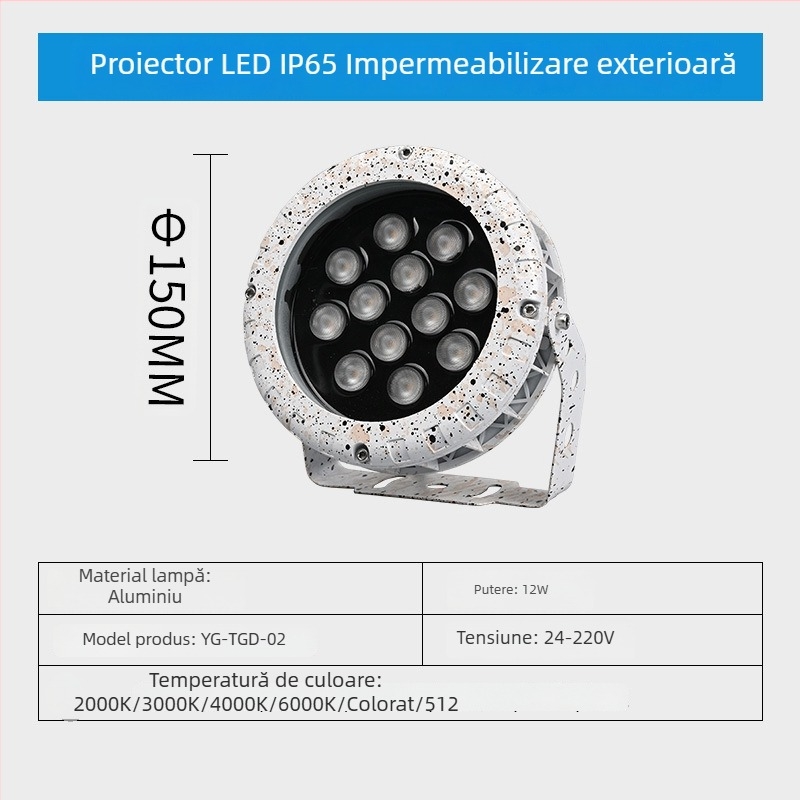 YG-TGD-01 Proiector LED pentru exterior, corp circular impermeabil pentru clădiri, grădini și iluminat peisaj, IP65, fascicul 30-120°, Ø180 mm, 24 LED