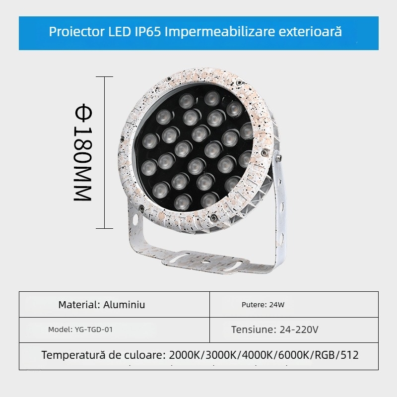 YG-TGD-01 Proiector LED pentru exterior, corp circular impermeabil pentru clădiri, grădini și iluminat peisaj, IP65, fascicul 30-120°, Ø180 mm, 24 LED