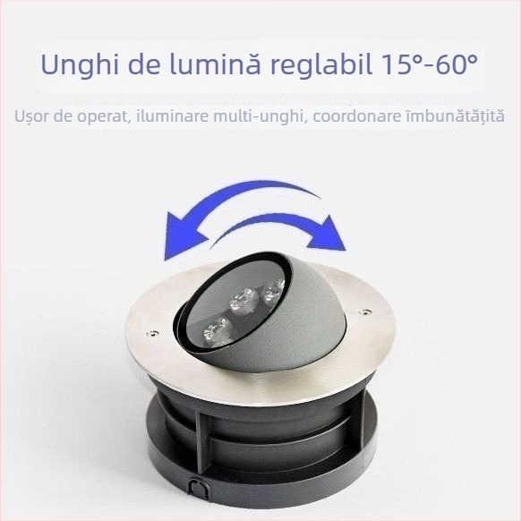 LED exterior încorporat în pământ, cu unghi reglabil, emisie laterală, reflector cu cap înclinat pentru peisaje și alei