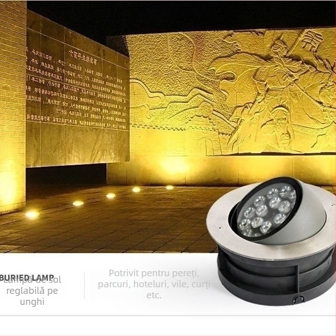 LED exterior încorporat în pământ, cu unghi reglabil, emisie laterală, reflector cu cap înclinat pentru peisaje și alei