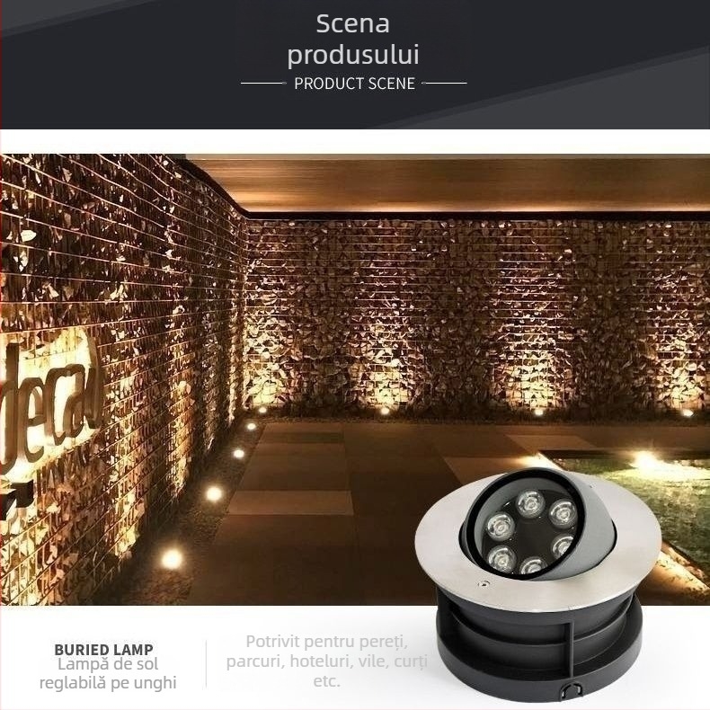 LED exterior încorporat în pământ, cu unghi reglabil, emisie laterală, reflector cu cap înclinat pentru peisaje și alei