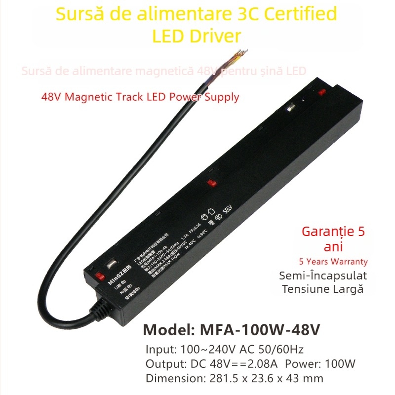 Sursă LED pentru șină cu fixare magnetică, 48V, certificat 3C, RoHS, gamă largă de tensiuni, sursă de alimentare cu comutator