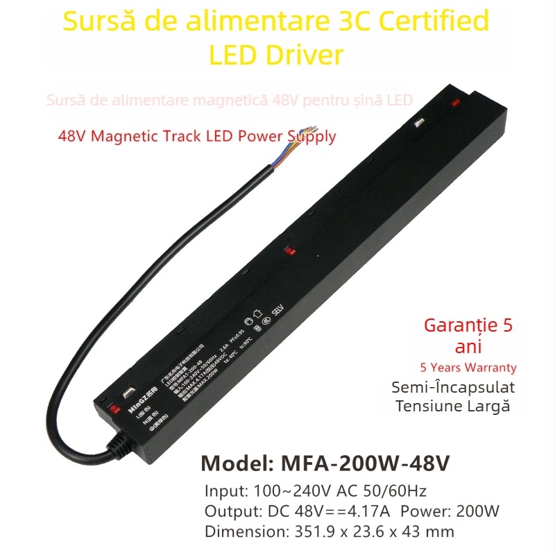 Sursă LED pentru șină cu fixare magnetică, 48V, certificat 3C, RoHS, gamă largă de tensiuni, sursă de alimentare cu comutator