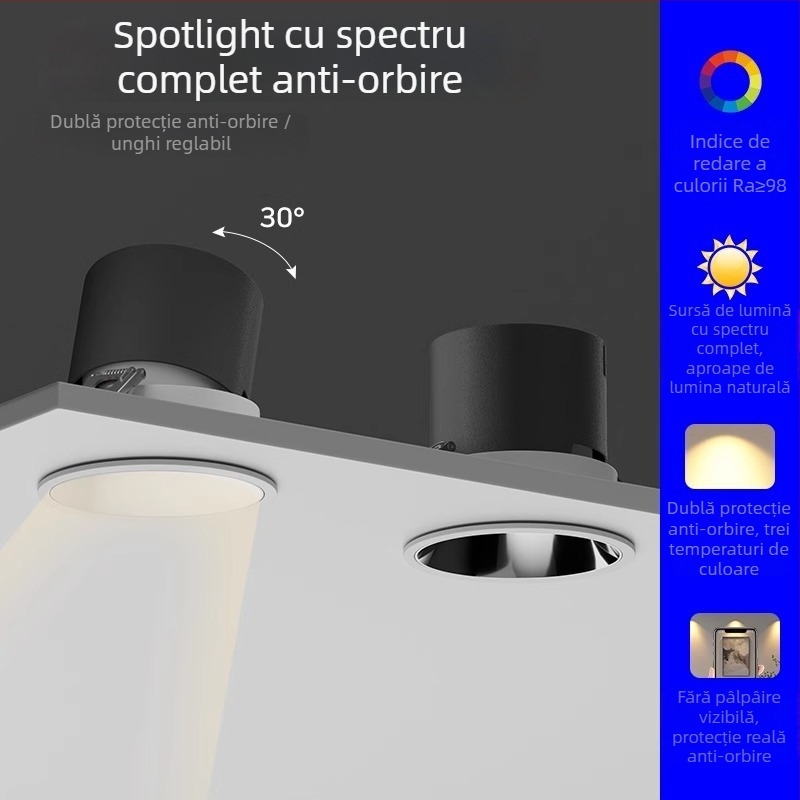 Spot încastrat anti-orbire pentru living, fără lampă principală, deschidere de 75 mm, spectru complet LED