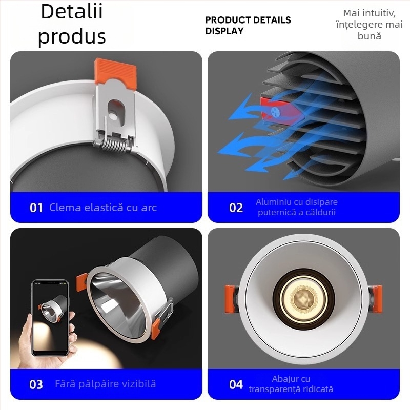 Spot încastrat anti-orbire pentru living, fără lampă principală, deschidere de 75 mm, spectru complet LED