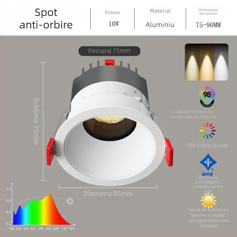Spot încastrat anti-orbire pentru living, fără lampă principală, deschidere de 75 mm, spectru complet LED