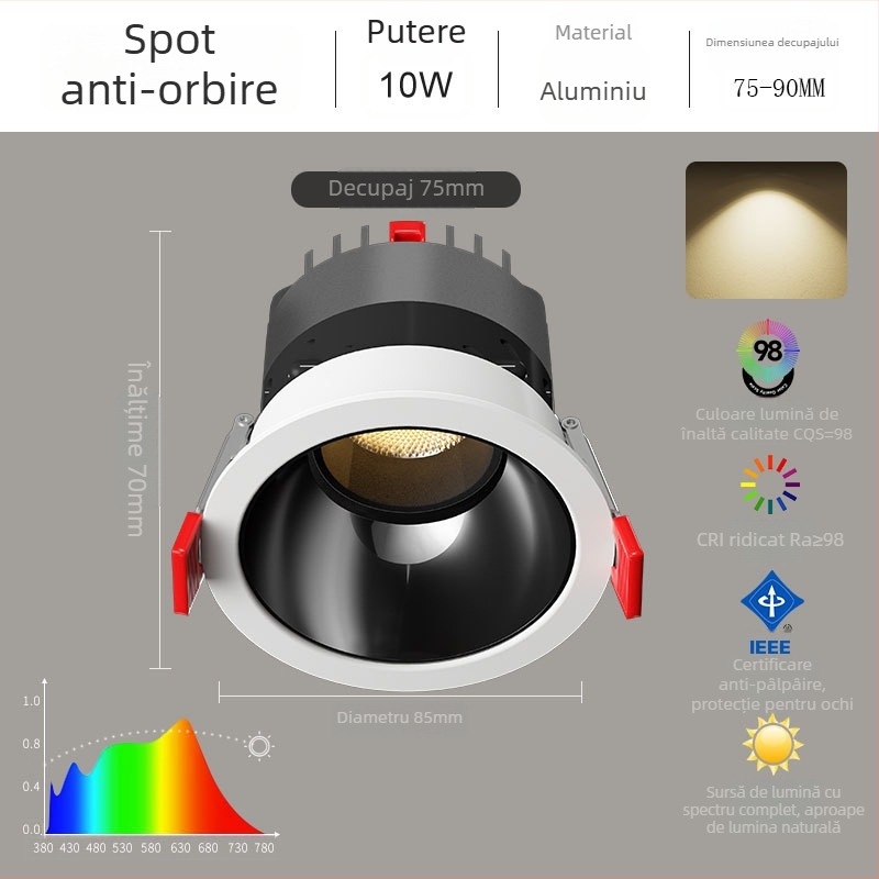 Spot încastrat anti-orbire pentru living, fără lampă principală, deschidere de 75 mm, spectru complet LED