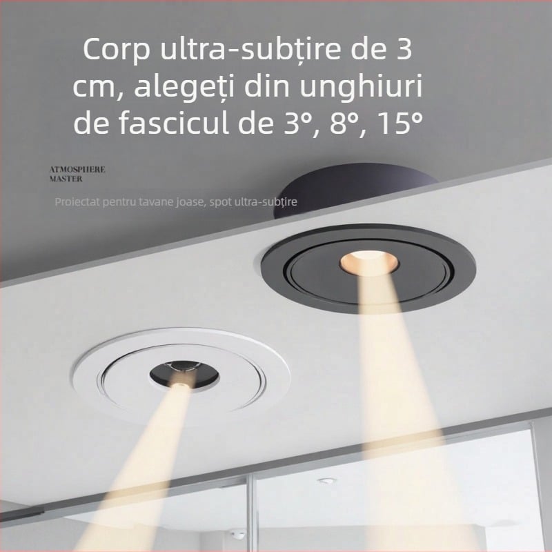 Spot LED încastrat ultra-subțire (3W) pentru iluminare ambientală în camera de ceai, cu unghiuri de fascicul de 3°, 8° și 15°, potrivit pentru masă de dining și muzeu.
