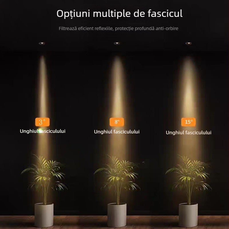 Spot LED încastrat ultra-subțire (3W) pentru iluminare ambientală în camera de ceai, cu unghiuri de fascicul de 3°, 8° și 15°, potrivit pentru masă de dining și muzeu.