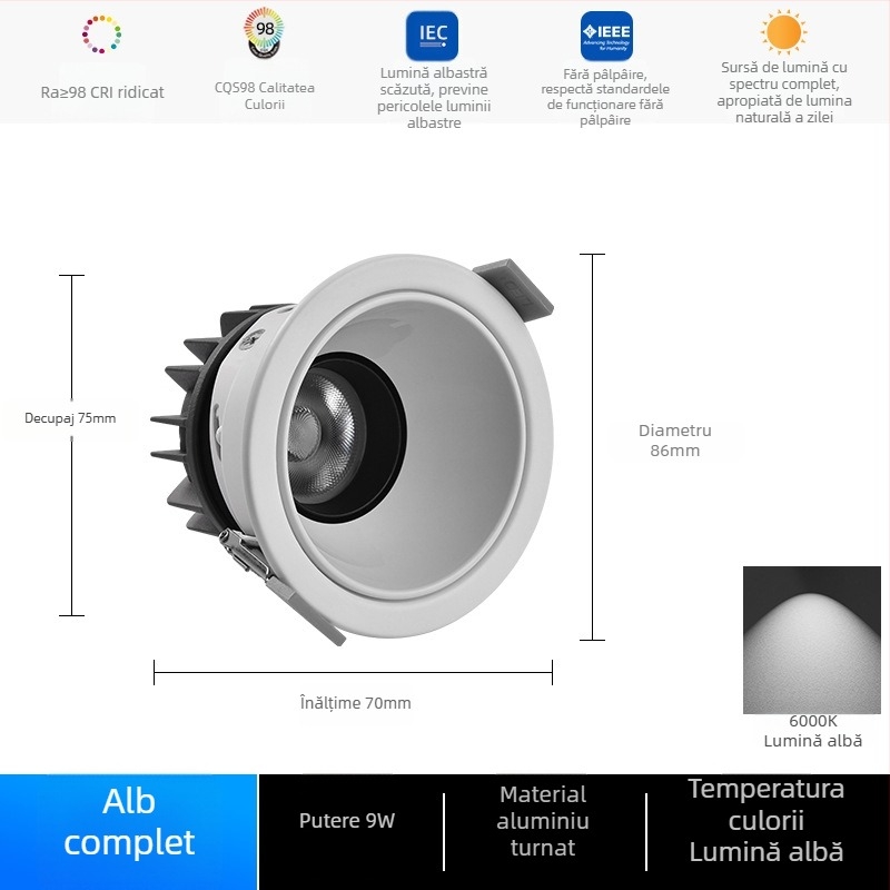 Spot COB profund anti-strălucire încastrat, fără sursă principală de lumină, LED cu CRI înalt, plafonieră pentru sufragerie și hol