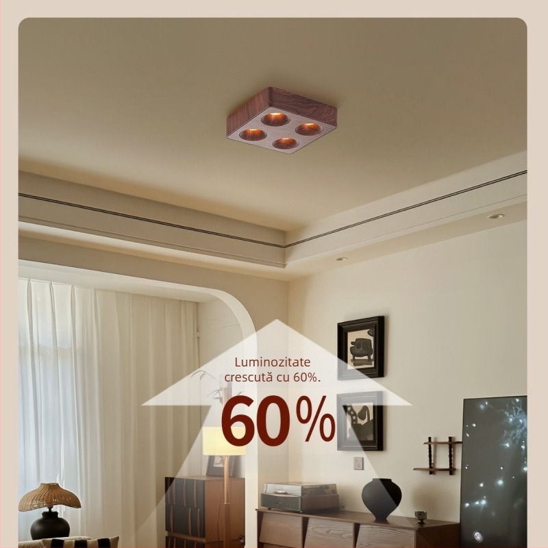 Iluminare de tavan în stil vintage, ultra-subțire, cu patru brațe, montaj pe suprafață, anti-reflexie, finisaj lemn nuc pentru living și dormitor